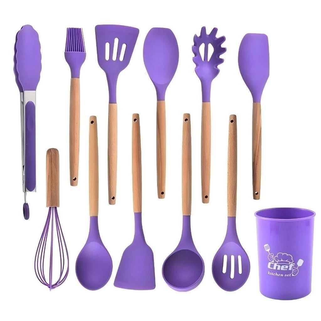 KIT 12 Peças de Utensílios Para Cozinha em Silicone e BambuKIT 12 Peças de Utensílios Para Cozinha em Silicone e Bambu